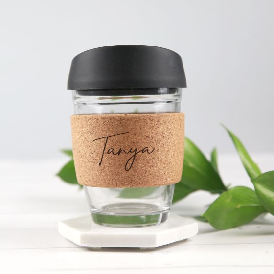 Engraved Reusable 340ml Glass Coffee Cup with Silicone Lid