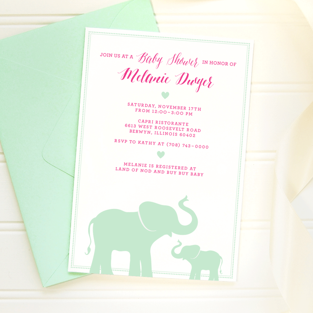 Mint and fuchsia elephant baby shower invitation