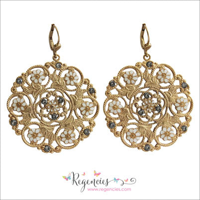 La Vie Parisienne by Catherine Popesco Enamel Swarovski Flower White Medallion Earrings