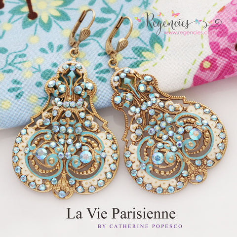 La Vie Parisienne by Catherine Popesco French Enamel Swarovski Marie Contessa Large Statement Earrings White Blue AB