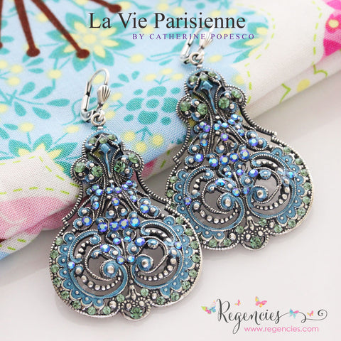 La Vie Parisienne by Catherine Popesco French Enamel Swarovski Marie Contessa Large Statement Earrings Silver Blue Marine