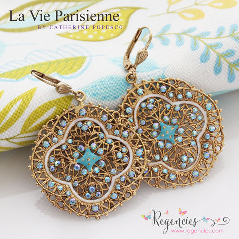 La Vie Parisienne by Catherine Popesco French Enamel Filigree Swarovski Earrings White Blue AB