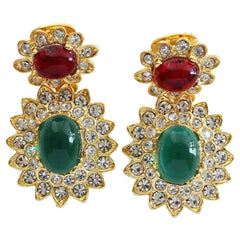 Kenneth Jay Lane Goldtone Jackie Kennedy Simulated Emerald Ruby Cabochon Crystal Rhinestone Drop Clip On Earrings $137.00