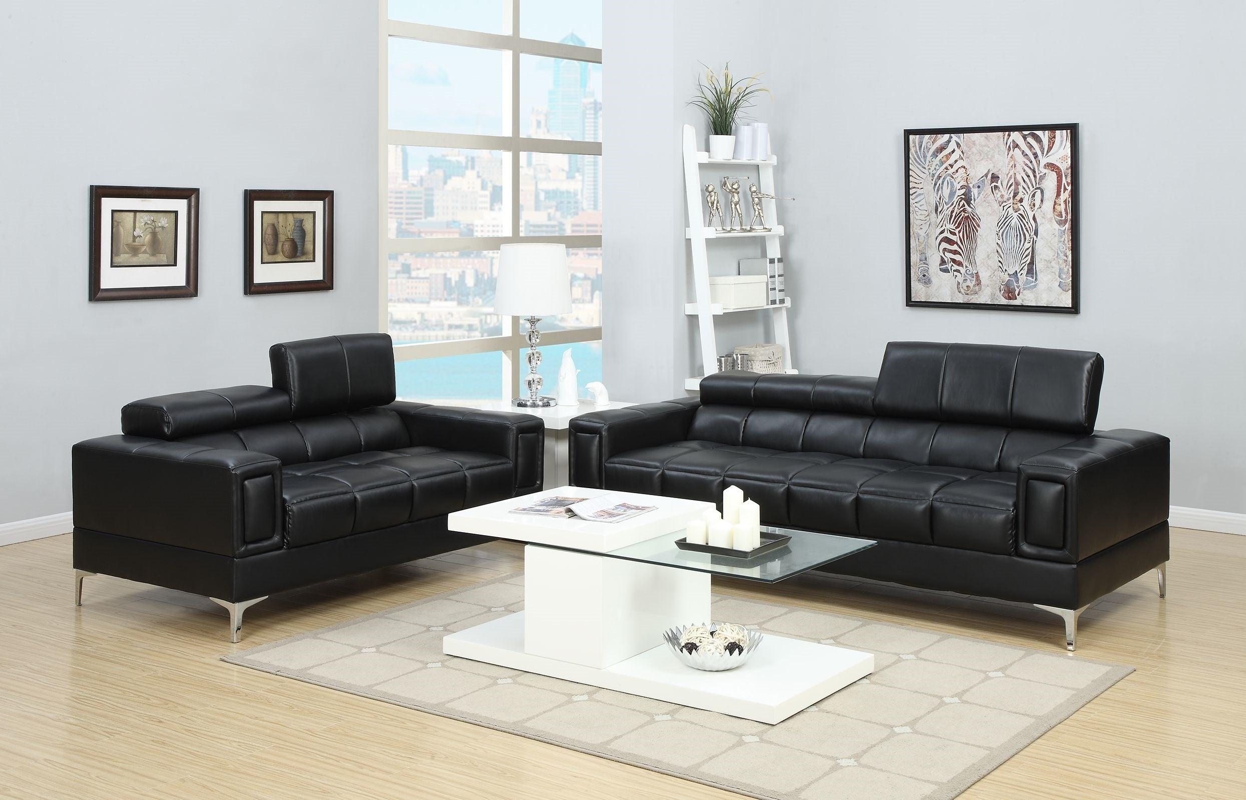 Black Faux Leather Living Room 2pc Sofa set Sofa And Loveseat Furniture Couch Unique Design Metal Legs Adjustable Headrest