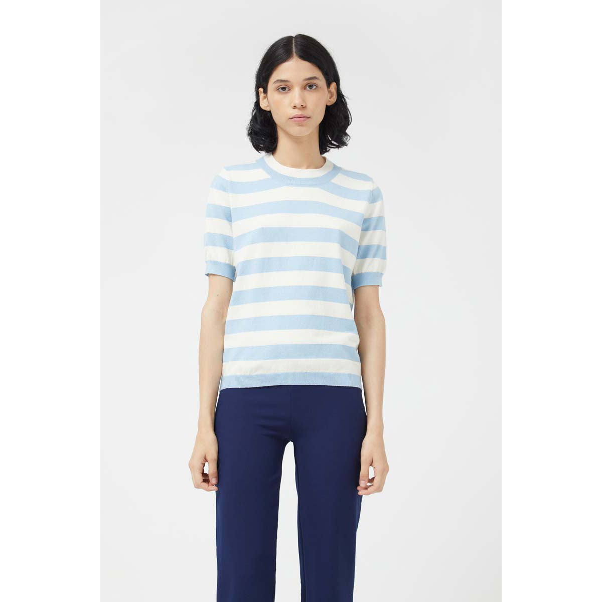 Blue Striped Short Sleeve Sweater