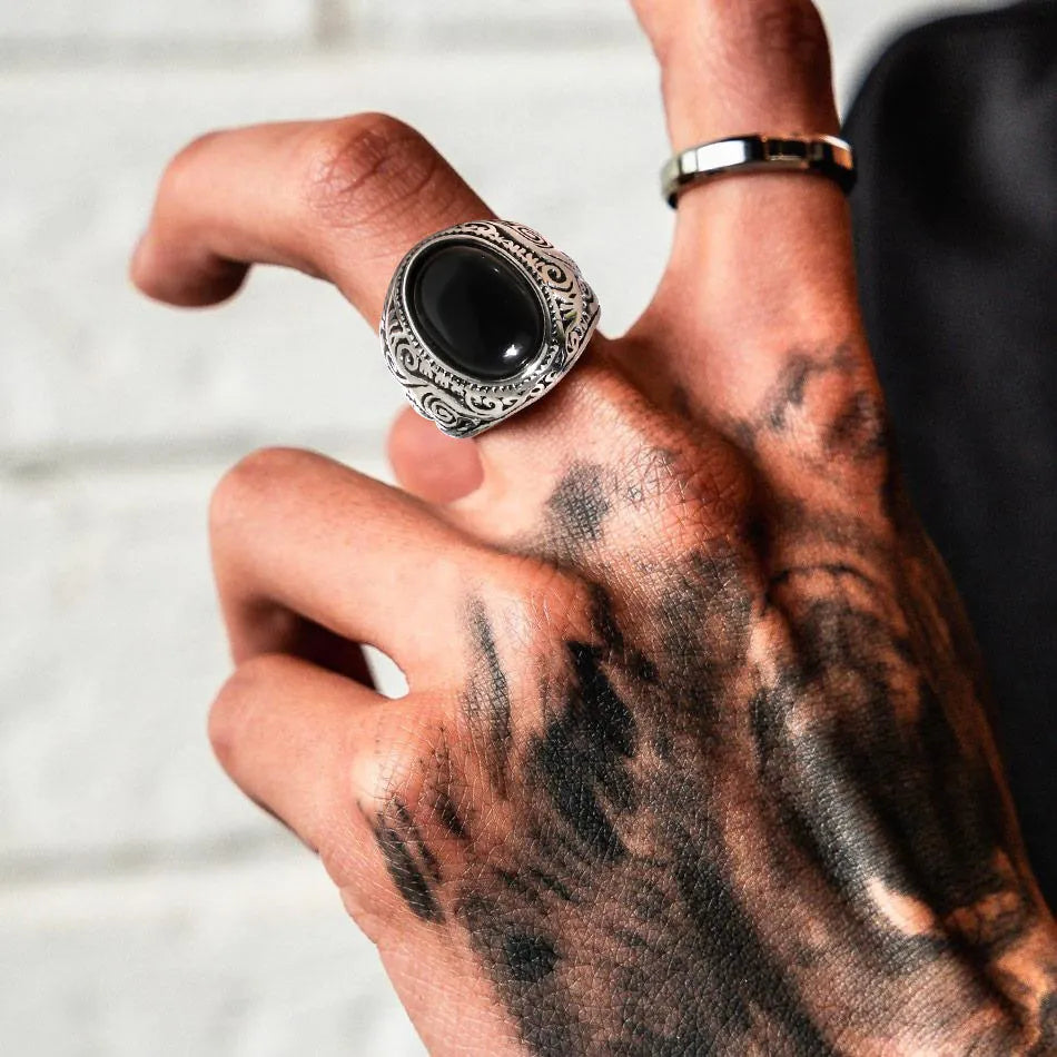 Men's Black Stone Signet Ring Silver