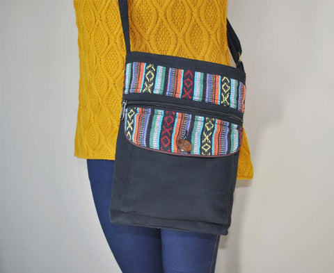 cotton crossbody bag black hippie pattern