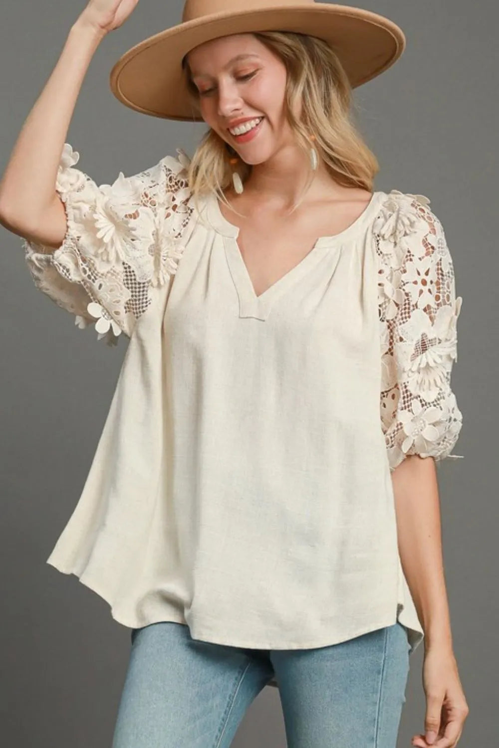 Boxy Cut Top with 3D Floral Sleeve Plus Size