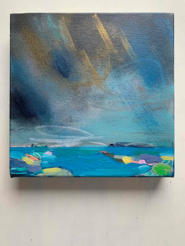 a square landscape painting on canvas, painted by Joanna Caskie in bright colours