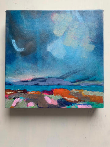 a brightly coloured painting on canvas by Joanna Caskie of a coastal landscape