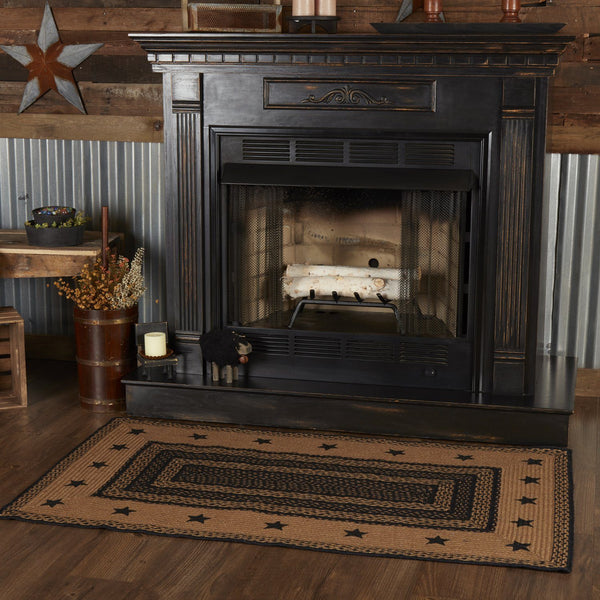 Farmhouse jute rug in front of fireplace