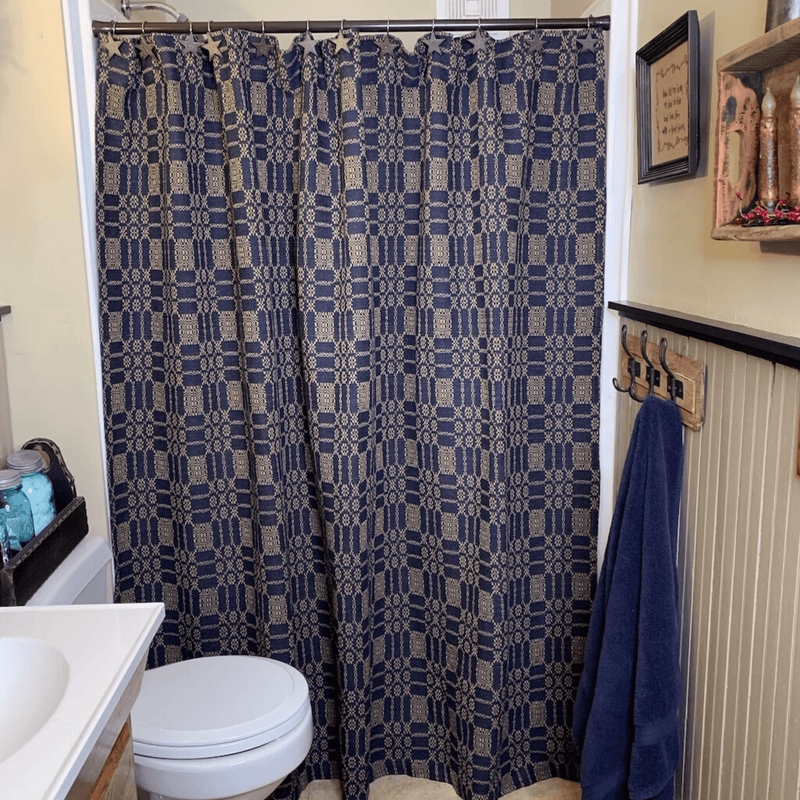 navy and tan shower curtain