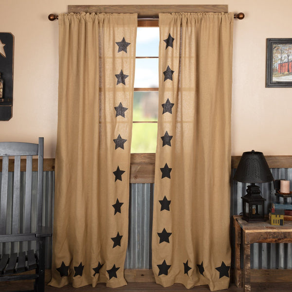 Burlap Natural Black Stencil Star Panel Curtains 84" – Primitive Star