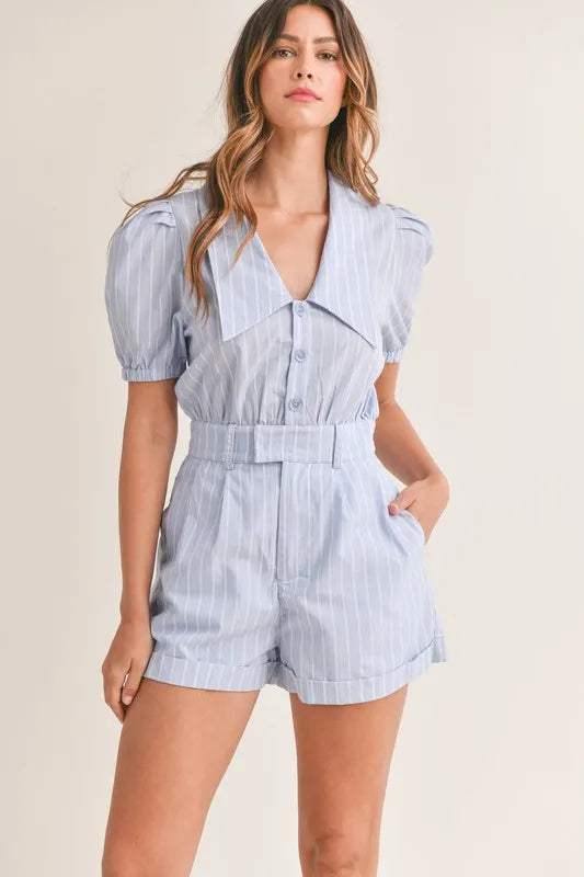 LGC Striped Puff Sleeve Collared Neck Romper
