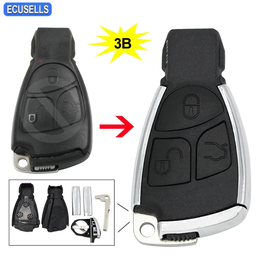 Ecusells 3 Button Silver Side Modified Folding Remote Key Shell Case Housing Cover for Mercedes-Benz CLS C E S + Battery Holder