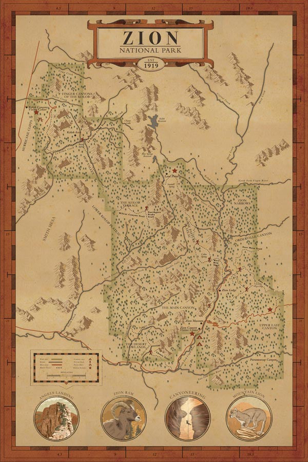 zion national park map print hikeanddraw