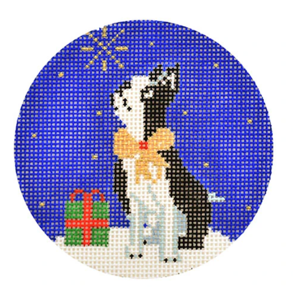 Midnight Boston Terrier Round Needlepoint Canvas | KC Needlepoint