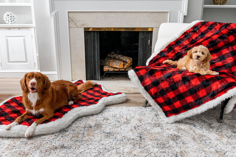 Buffalo Plaid Bed and Blanket set with Dogs
