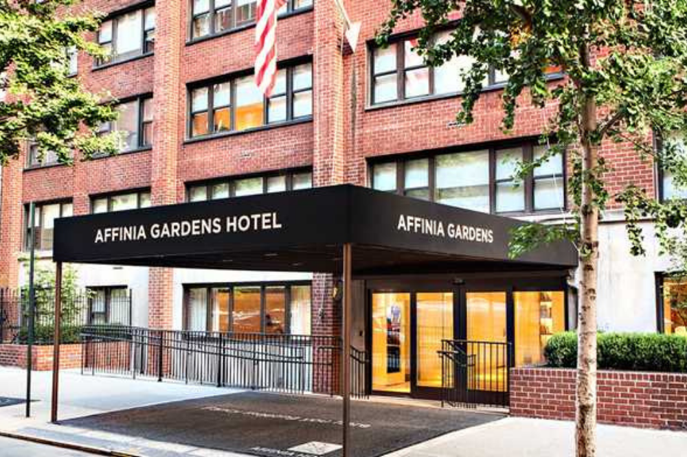 he front of the Affina Gardens Hotel building in New York City.