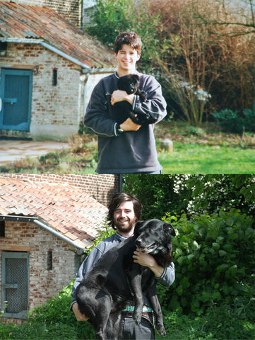 Before: Boy holding puppy, After: young man holding dog in his arms