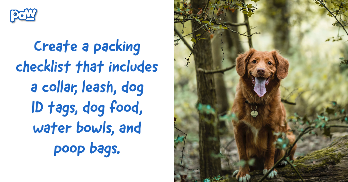 Create a packing checklist that includes a collar, leash, dog ID tags, dog food, water bowls, and poop bags.