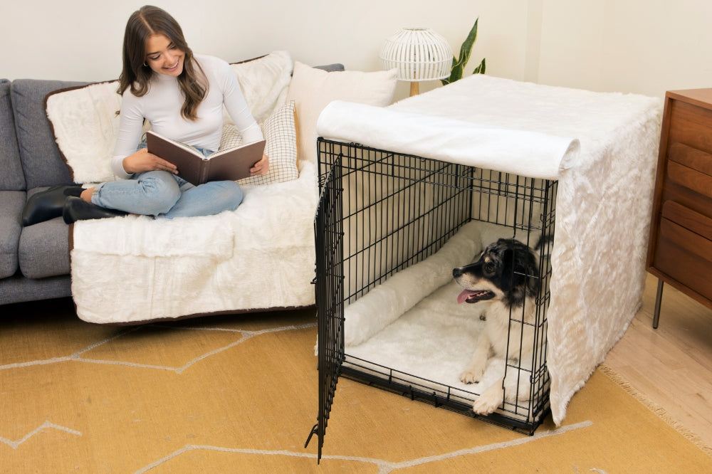 Woman sitting crosslegged on couch smiling reading book while happy dog in crate has tongue out