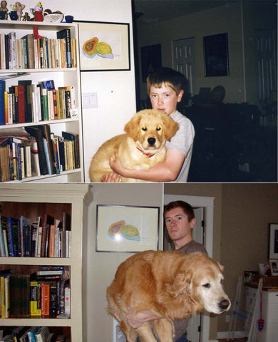 boy holding dog & then photo years later of same older boy holding grown dog