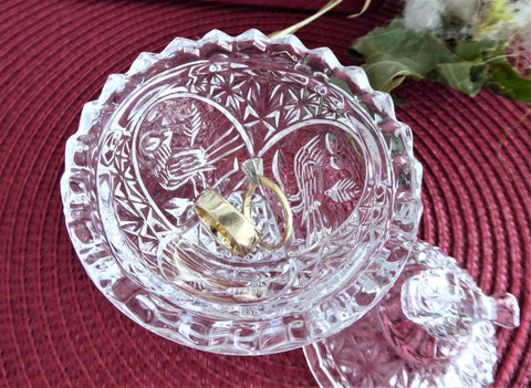 Lead Crystal Dish Bird Top Lid Jam Dish Waffle Pattern 1970s Faceted G ...