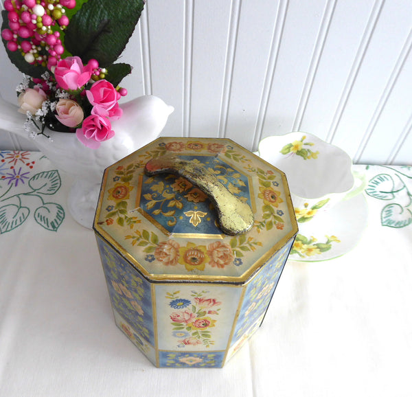 Panelled Floral Tea Caddy Tea Tin Octagonal 1950s Blue Yellow Green Ca ...