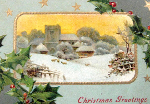 Christmas Greetings Postcard Gold Stars Embossed 1908 Snowy Church Hol ...