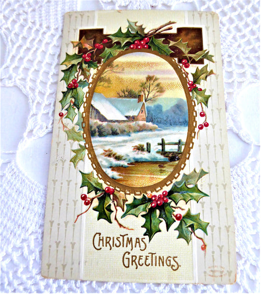 Postcard Christmas Greetings Embossed Snow Scene Holly 1909 Calligraph ...