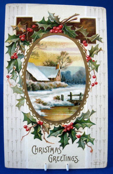 Postcard Christmas Greetings Embossed Snow Scene Holly 1909 Calligraph ...