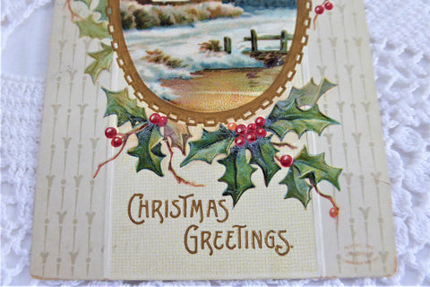 Postcard Christmas Greetings Embossed Snow Scene Holly 1909 Calligraph ...