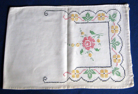 Long Embroidered Dresser Scarf 1920s Linen 40 Inches Cross Stitch