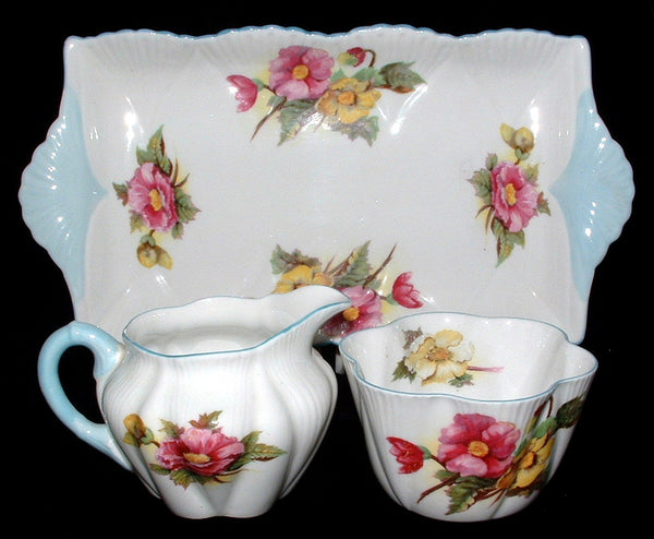 Shelley England Dainty Begonia Cream Sugar And Tray Blue Trim 3 Pieces –  Antiques And Teacups