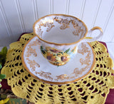 Fancy Yellow Daisies Cup And Saucer Gold Overlay English Bone China 1950s Windsor