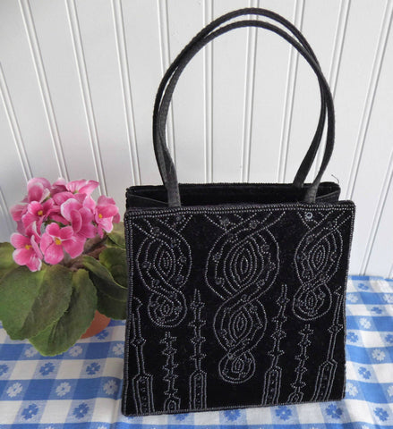 Black Velvet Beaded Purse Handbag 1980s Beaded Bag Art Nouveau Style Elegant