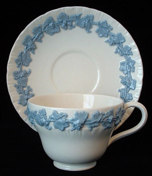 Cup And Saucer Wedgwood Queens Ware Blue On White Grapes
