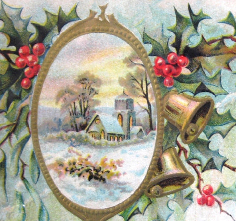 A Happy Christmas Postcard Embossed Unused Holly Snow 1905 Snow Scene ...