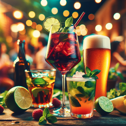 A vibrant, celebratory scene showcasing a variety of drinks_ a glass of red wine, a well-crafted mojito, and a craft beer. The setting is a lively soc