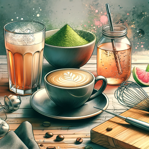 An artistic depiction of a cozy coffee setting with a cup of coffee, alongside a bowl of matcha powder and a whisk. In the background, a glass of fizz