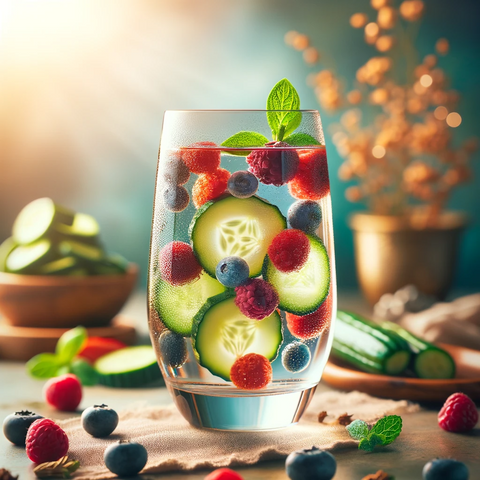 An elegant glass of water with an array of berries and cucumber slices floating within, giving it a refreshing and vibrant appearance. The background
