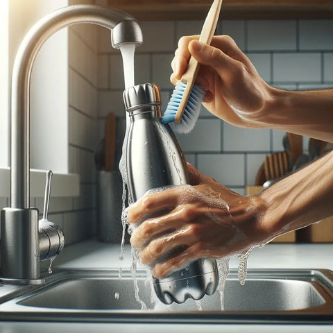 person washing a stainless steel water bottle tumbler