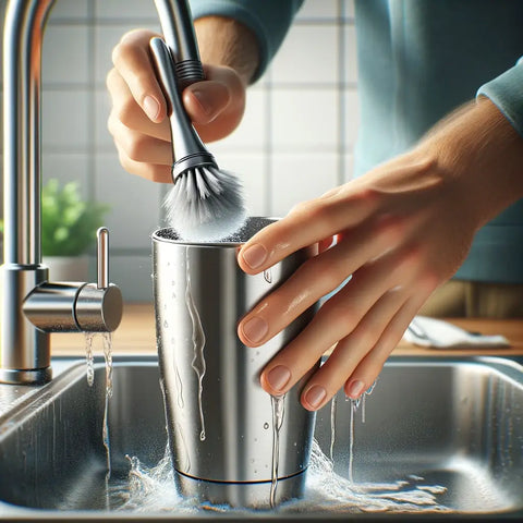 person washing a stainless steel water bottle tumbler