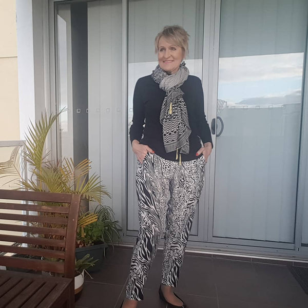 Barb wearing our Melissa casual pants in safari 