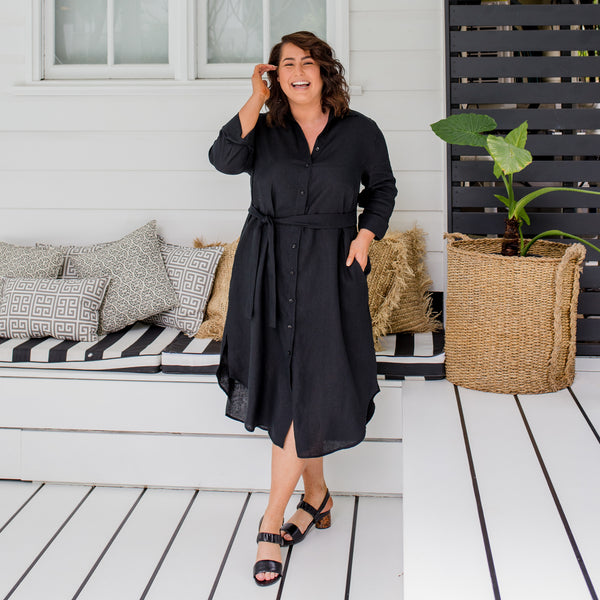 Kate wearing our Michelle dress in black linen