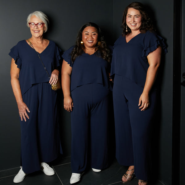 Jan, Charity and Kate in our Navy Barbara jumpsuit at Brisbane Fashion month
