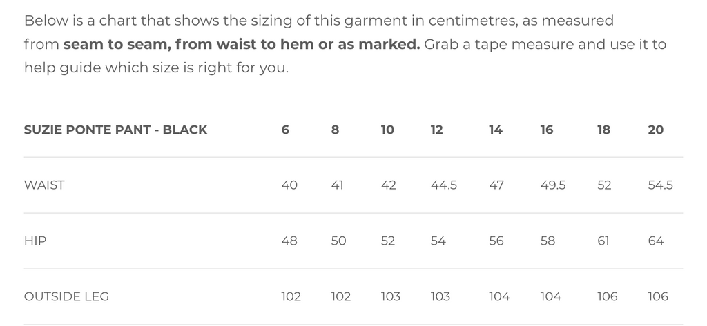 Styling You The Label Suzie ponte jogger pant garment measurements