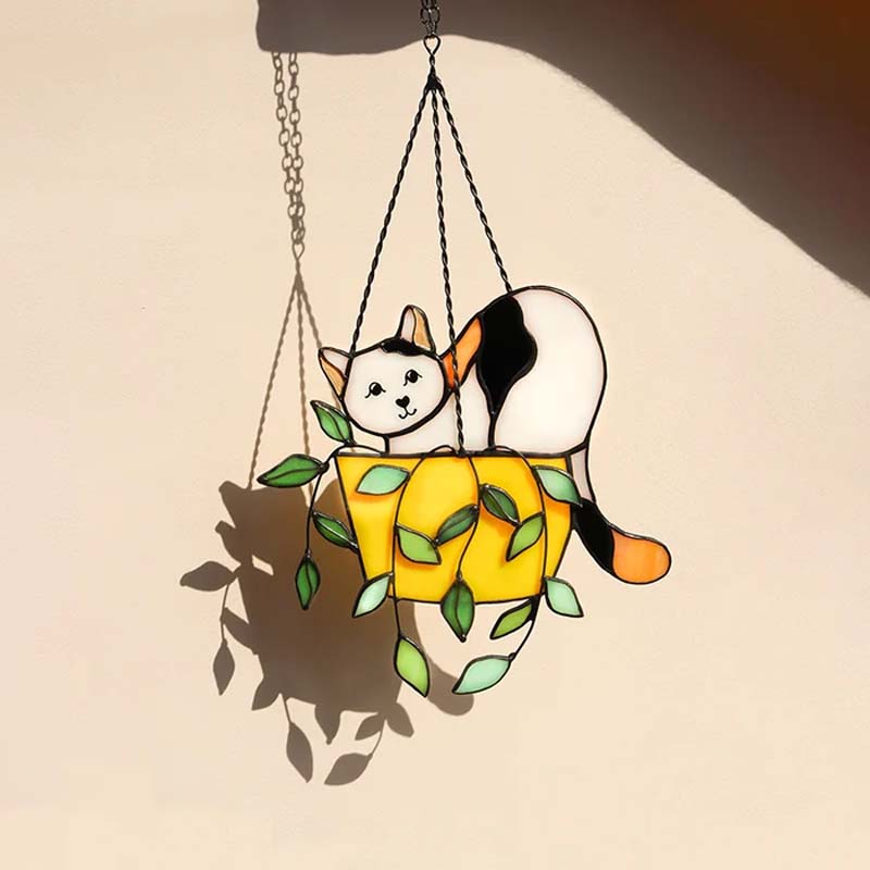 Product Image for Avelena | Katze Im Blumentopf Suncatcher Bleiglas Fensterhänger, weiß