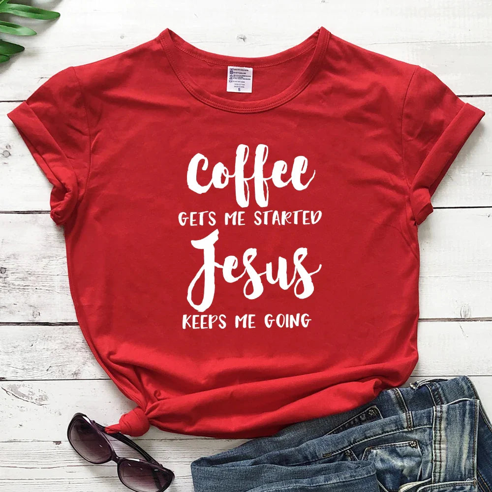 Product Image for Avelena | Kaffee Bringt Mich In Schwung Jesus Hält Mich Am Laufen Damen T-Shirt, Rot-Weißer Text / XXXL / KINA